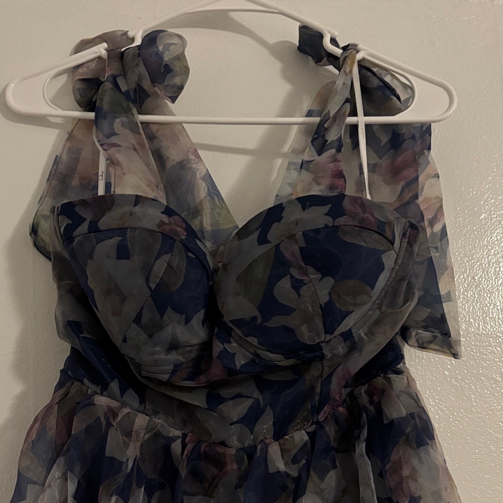 Exceptionally Marvelous Blue Floral Organza Bustier Midi Dress - Picture 3 of 6